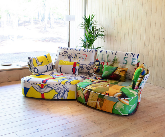 colourful low comfy corner sofa, swing chair colourfull velvet,