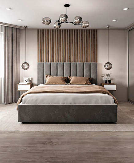 Algor beige luxury bed over a long carpet in a brown bedroom.