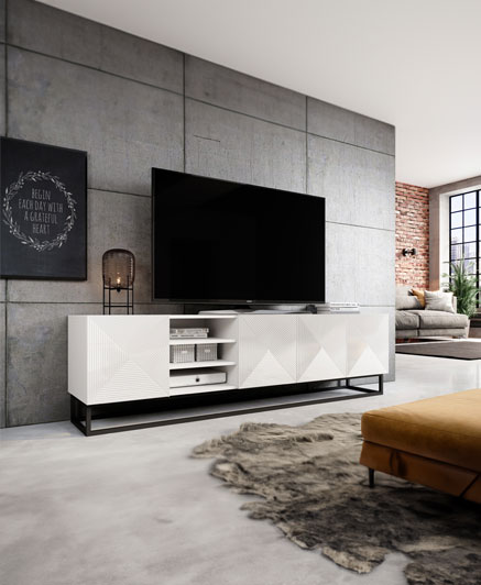 ASHA TV STAND WITH BLACK BASE IN MATT WHITE - WITH SHELVES - 200 x 40 x 56H