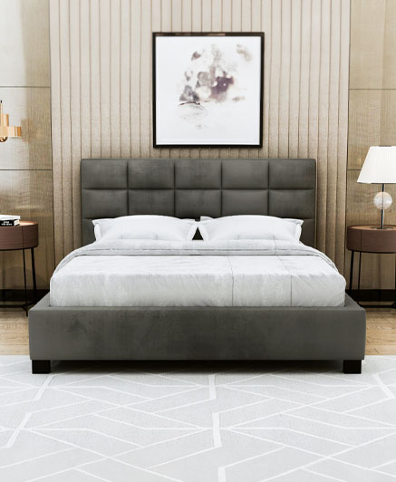 BD100 VELVET BED IN 160 X 200 - 175 X 215 X 125H - GREY AND BEIGE 180 X 200 - 195 X 218 X 123H - GREY AND BEIGE