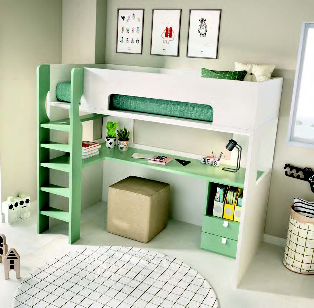xilino krevati psilo se ipsos me prasinous xromatismous, grey wooden kids bed with green details and space on the bottom of the bed, 