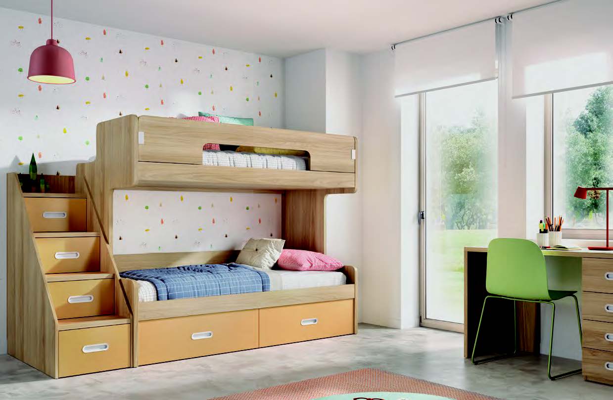 wooden kids bed with green details and space on the bottom, krevati morou xilino me prasines leptomeries,