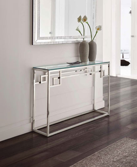 CONSOLE WITH GLASS TOP AND STAINLESS STEEL  SILVER LEGS - 115 X 30 X 78H