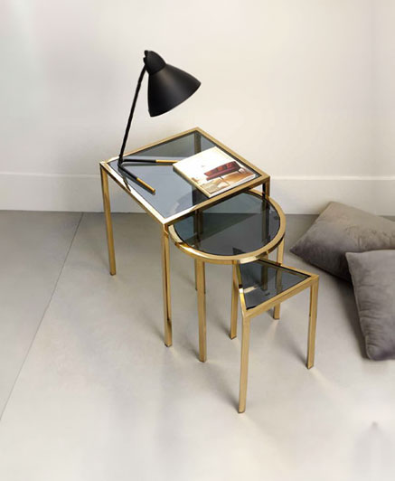 SET OF 3 TABLES, WITH DARK GLASS TOP AND GOLD POLISHED STAINLESS STEEL LEGS