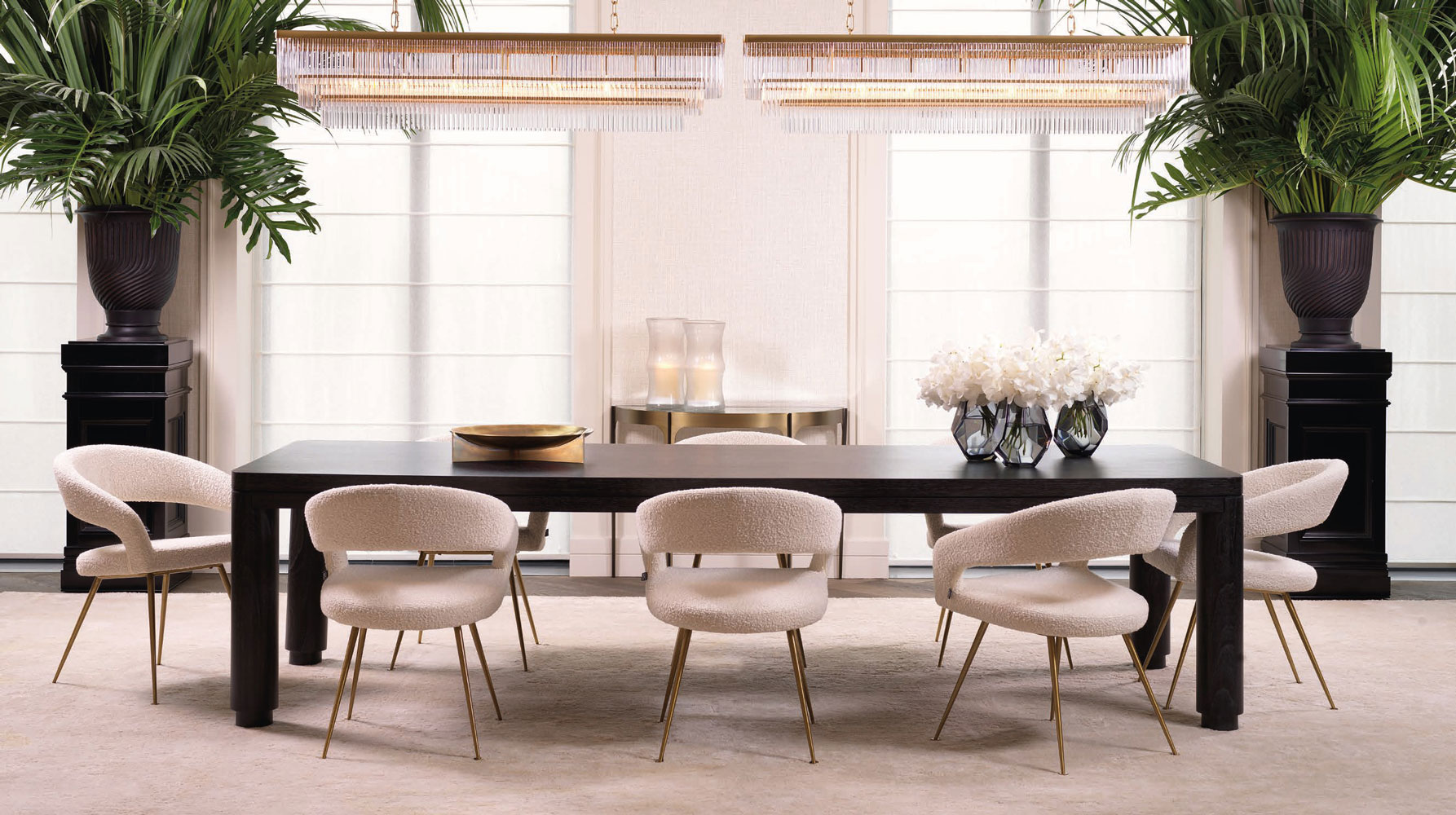 big dining table in brown wood and luxury fabric white chairs