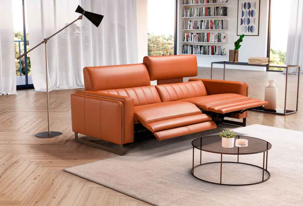orange sofa with wooden legs with adjustable leg seats and neck ,