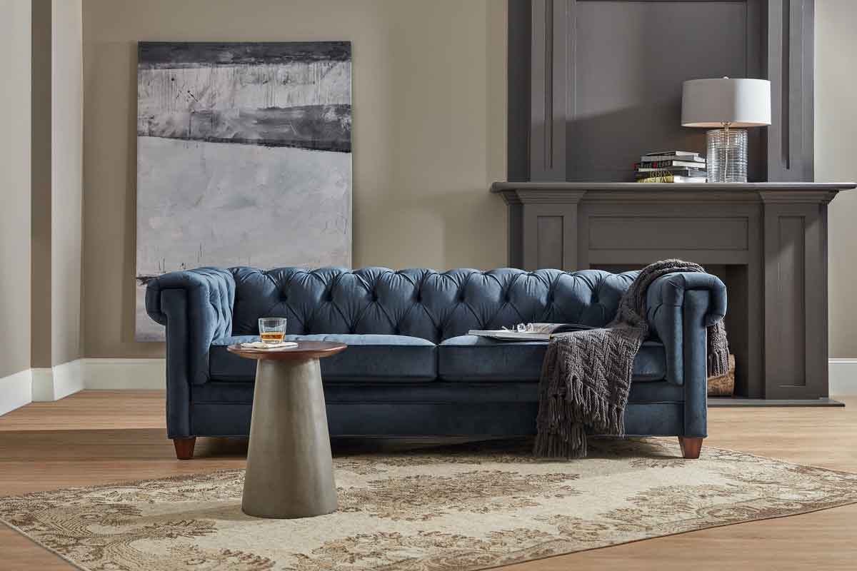 capitone vintage modern style with wooden legs, blue capitone vintage 3 seater sofa,