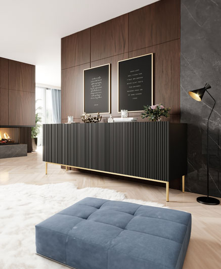 NICOLE SIDEBOARD IN BLACK MATT AND GOLD LEGS 200 X 45 X 85H **ALSO AVAILABLE INWHITE- LEGS CAN BE EITHER  GOLD OR BLACK