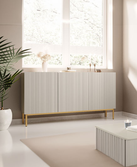 NICOLE SIDEBOARD 150 X 45 X 85H - CASHMERE MATTE WITH  GOLD LEGS **AVALABLE ALSO IN BLACK MATT WITH GOLD LEGS