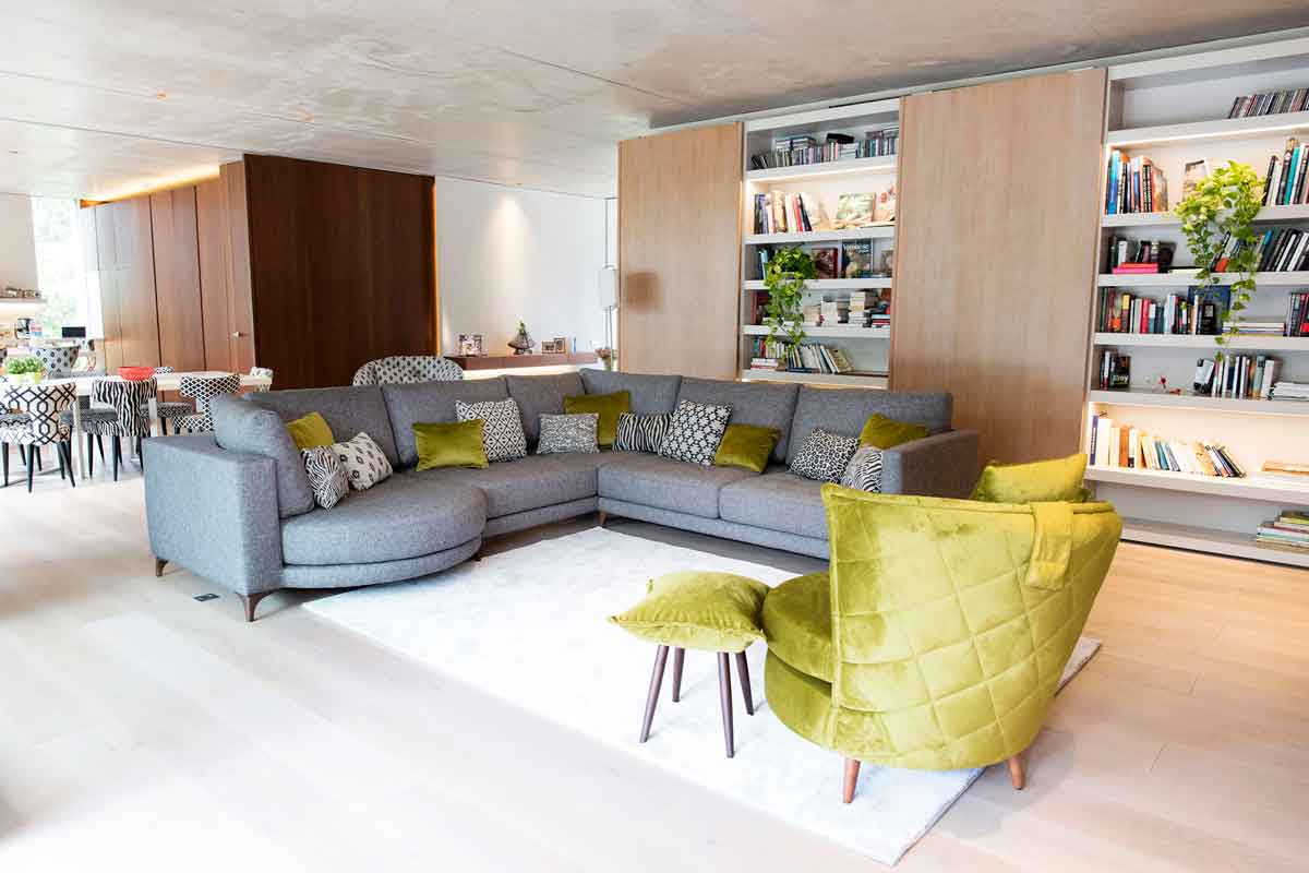 grey fabric corner sofa with adjustable fabrics mustard and wooden legs,