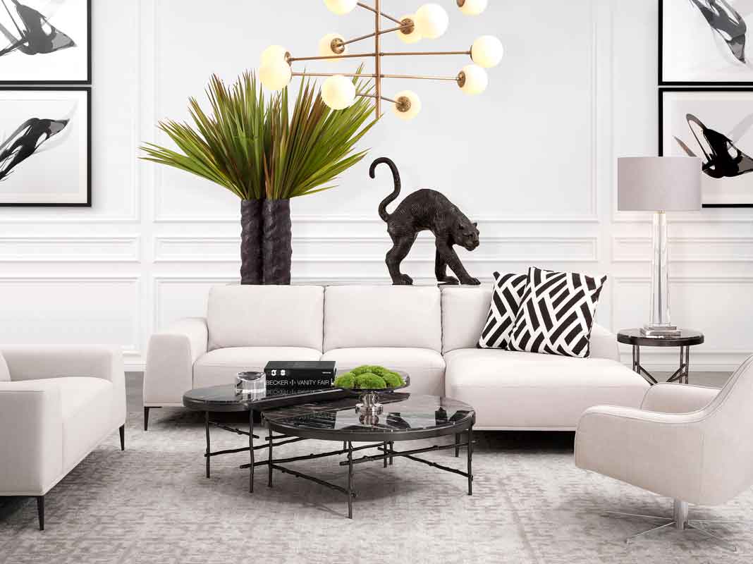 white comfy sofa with chaise long with black legs, marble central coffee table with black legs, swing chair with silver legs, karekla peristrefomeni me asimenia podia, kanapes me mavra podia,