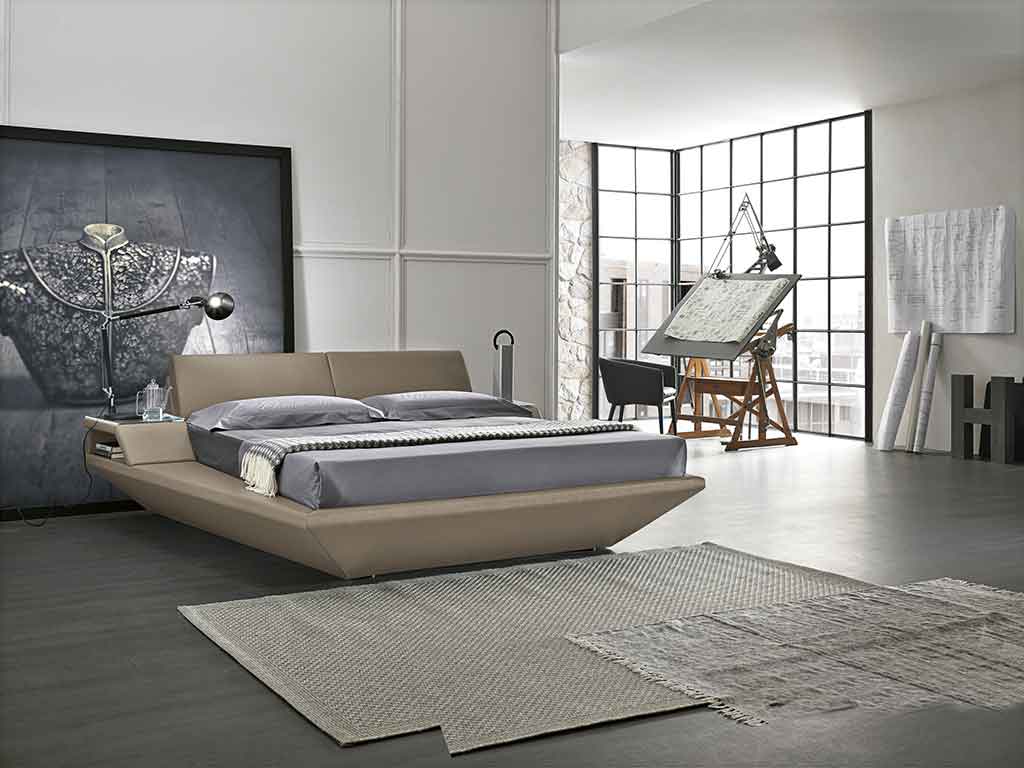 beige leather bed with sides, connected leather beige bed with headboard, krevati enomeno me trapezaki, kingsize bed, 2.20cm, leather comfy bed, modern and stylish bed,