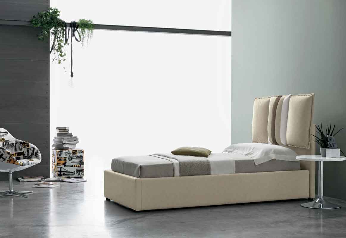 beige bed with small height legs comfy cushioned headboard, fabric beige bed modern for small space, single bed, krevati ifasmatino me maxilaria sto piso meros tou me xamila podia,