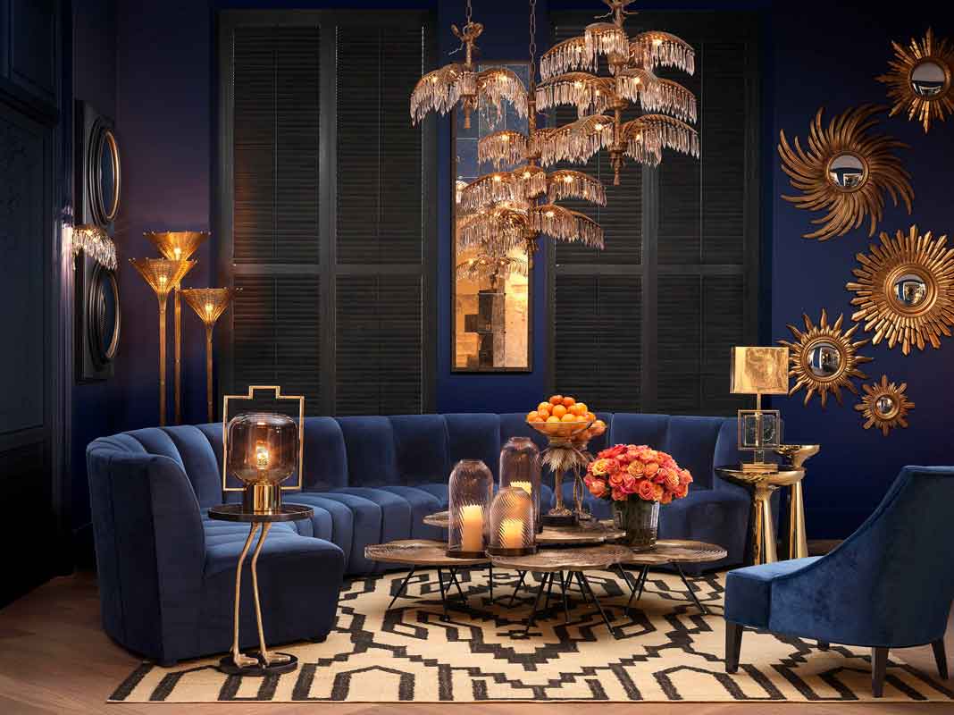 mple velvet sofa circular shape with gold details, modern luxury blue gold living set, sofa with no legs, kanapes mple me xrisa accessories,