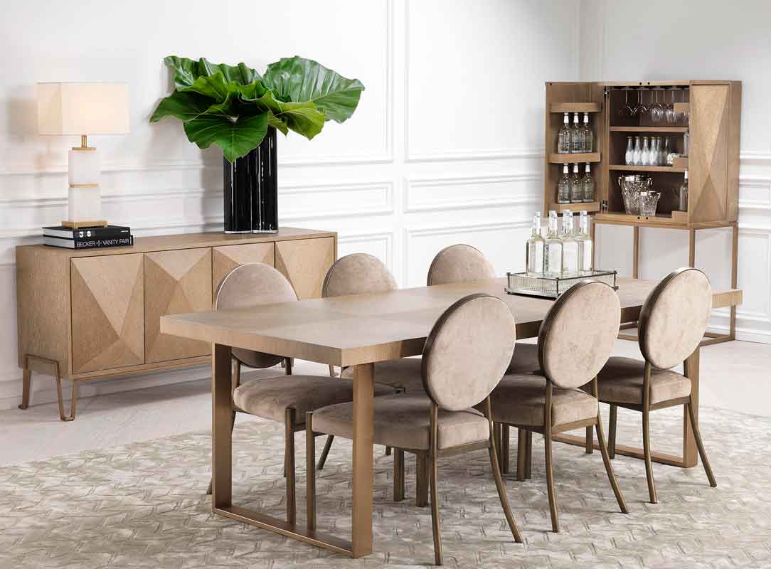 dinning set, luxury dinning table with beige velvet dinning chairs with its matching console and bookcase,