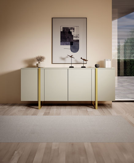 VERICA SIDEBOARD IN CASHMERE FINISH WITH GOLD LEGS 200 X 45 X 87H **ALSO AVAILABLE IN CHARCOAL IN GOLD DETAILS AND OAK BISCUIT - LIGHT WOOD WITH BLACK LEGS