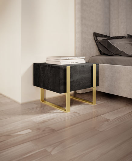 VERICA NIGHT TABLE CASHMERE WITH GOLD LEGS 50 X 45 X 40H **AVAILABLE ALSO IN CHARCOAL  WITH GOLD LEGS OR  CHARCOAL WITH BLACK DETAILS